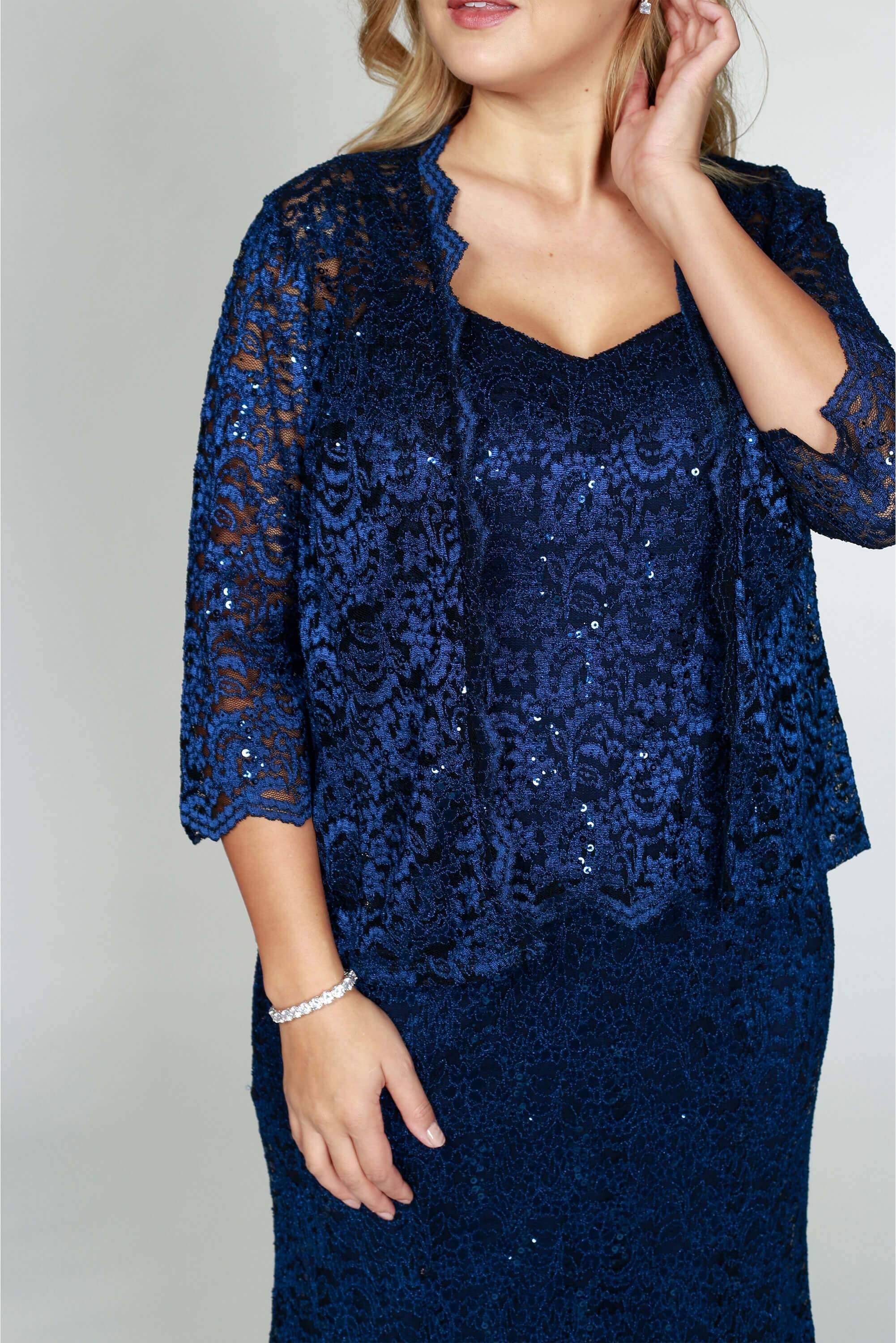 R&M Richards 5385 Formal Jacket Lace Long Dress Navy