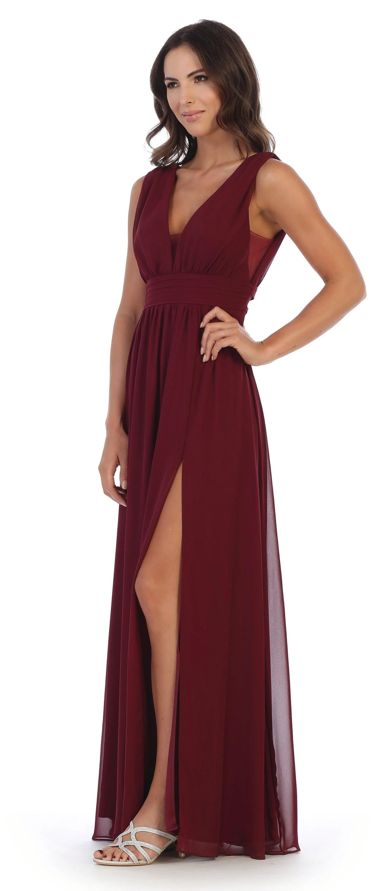 Long Sleeveless Formal Bridesmaids V Neck Dress