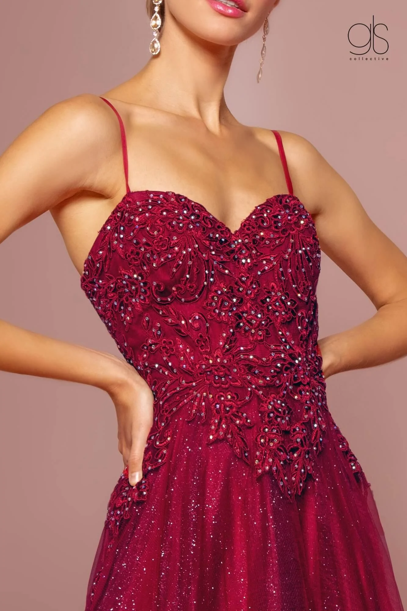 Embroidered Bodice and Mesh Glitter Floor Length Skirt