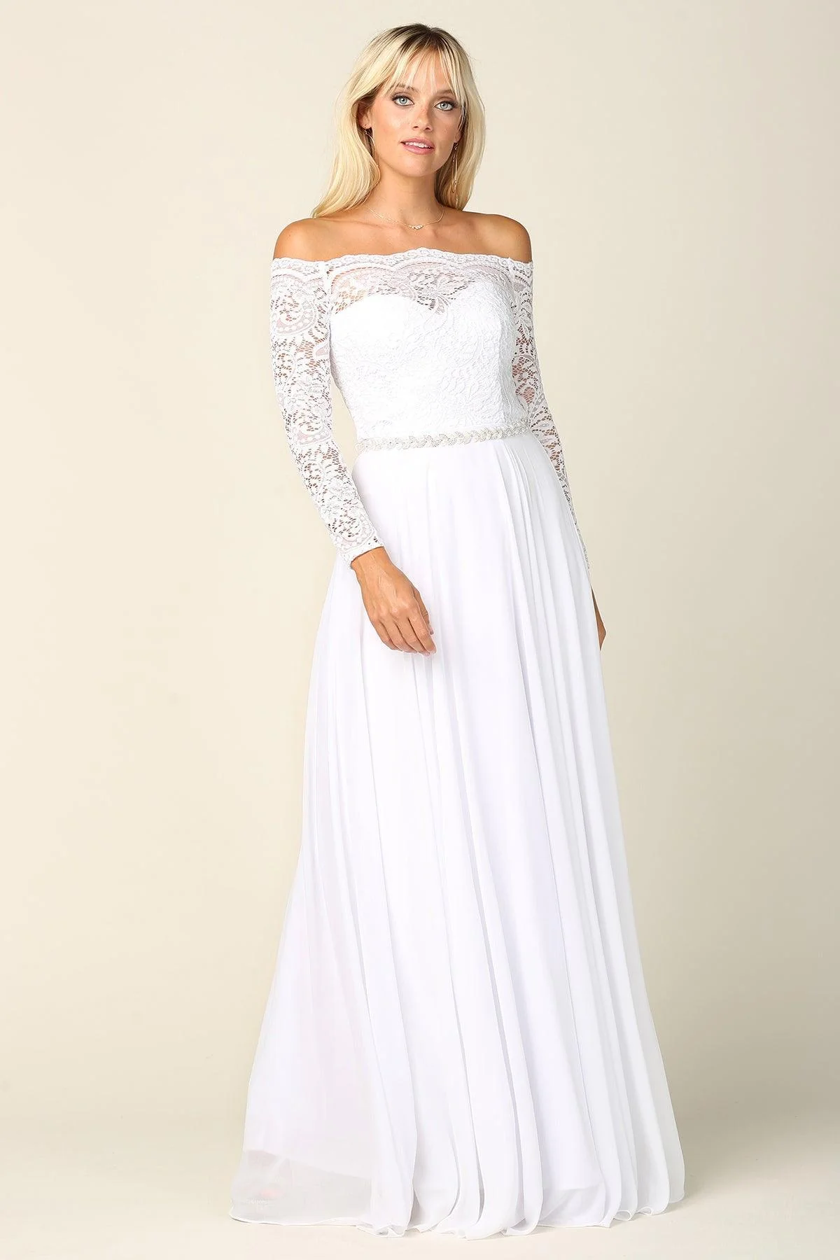 Long Off Shoulder Lace Chiffon Wedding Dress Sale