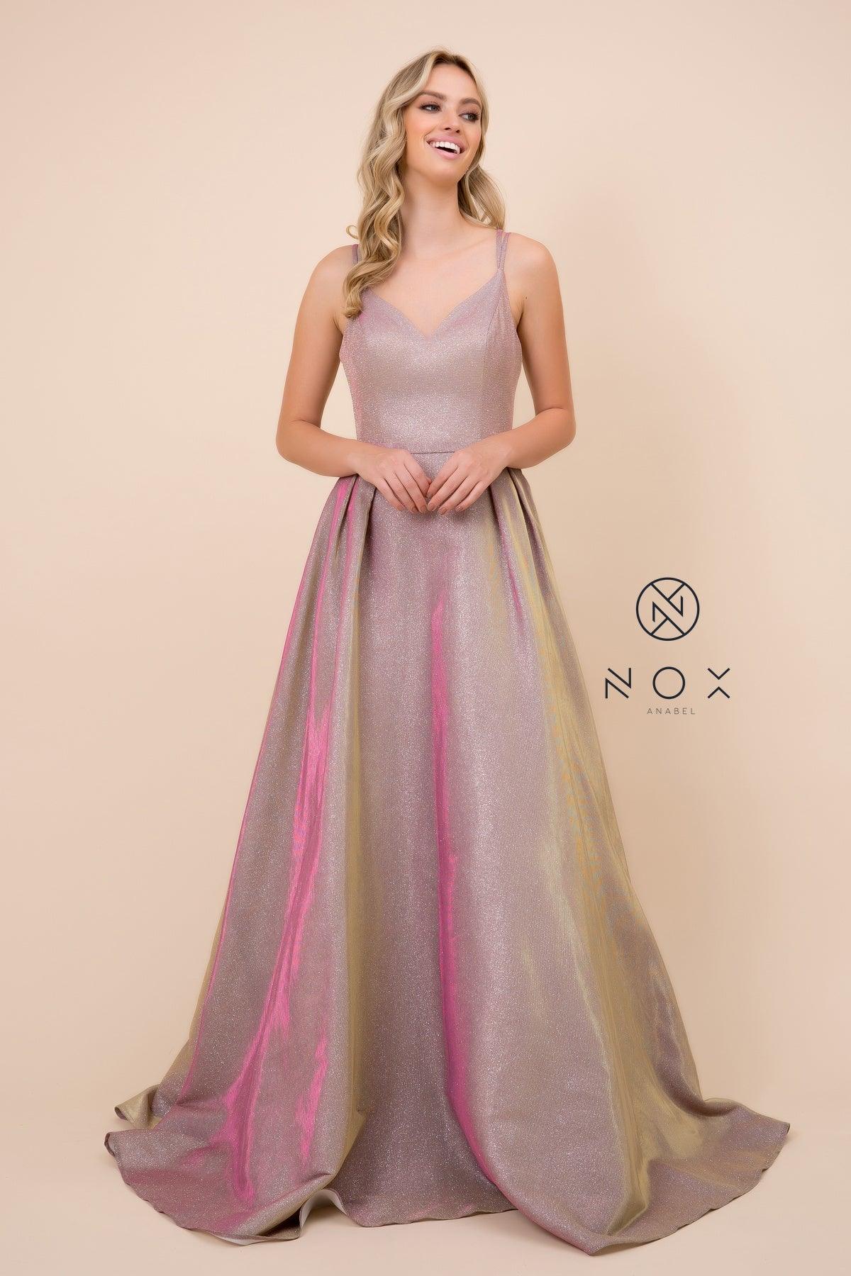 Long Metallic V Neck Formal Prom Dress Evening Gown