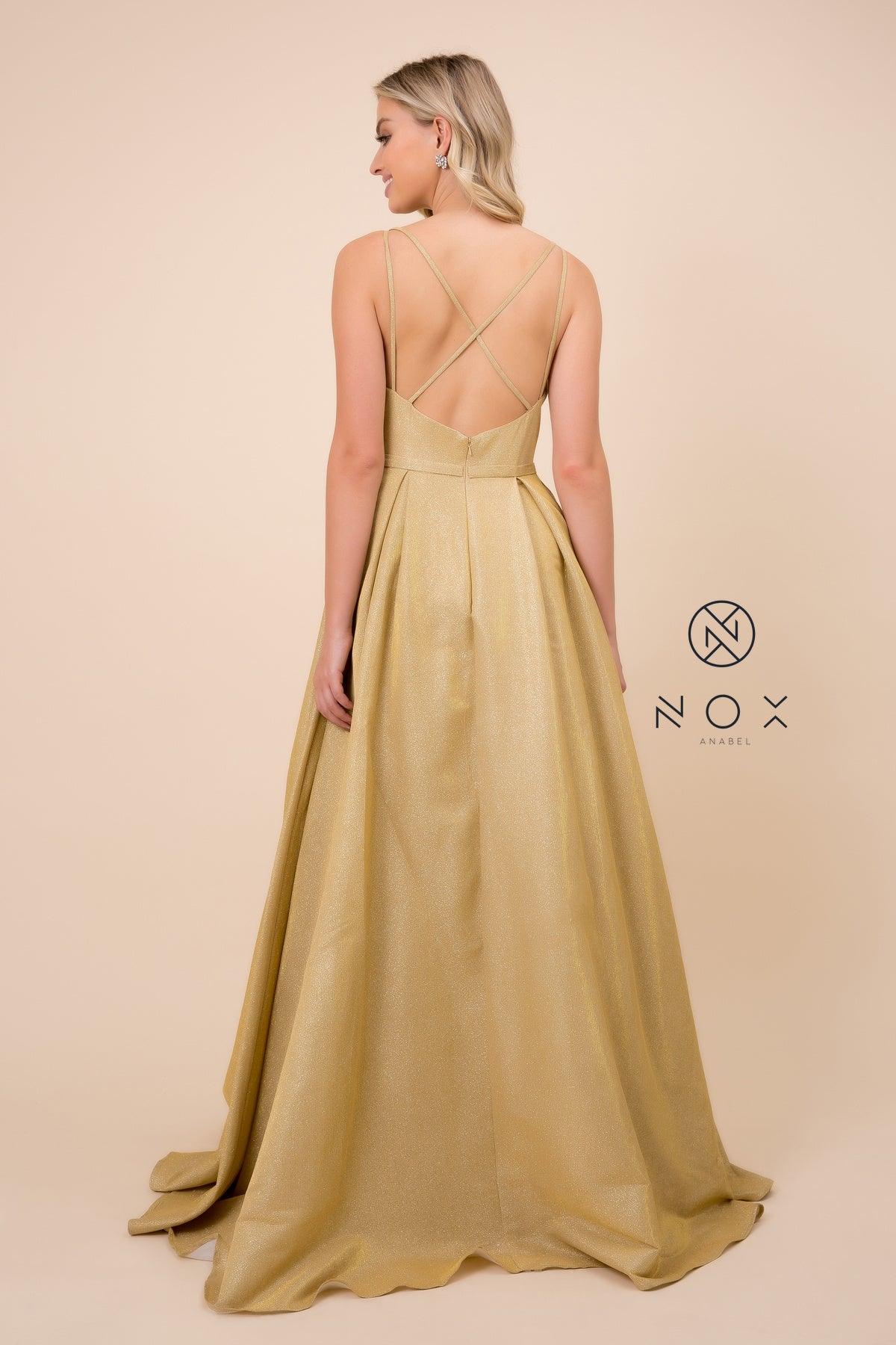 Long Metallic V Neck Formal Prom Dress Evening Gown