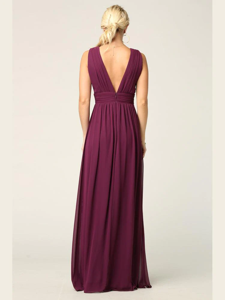 Long Sleeveless Formal Bridesmaids V Neck Dress