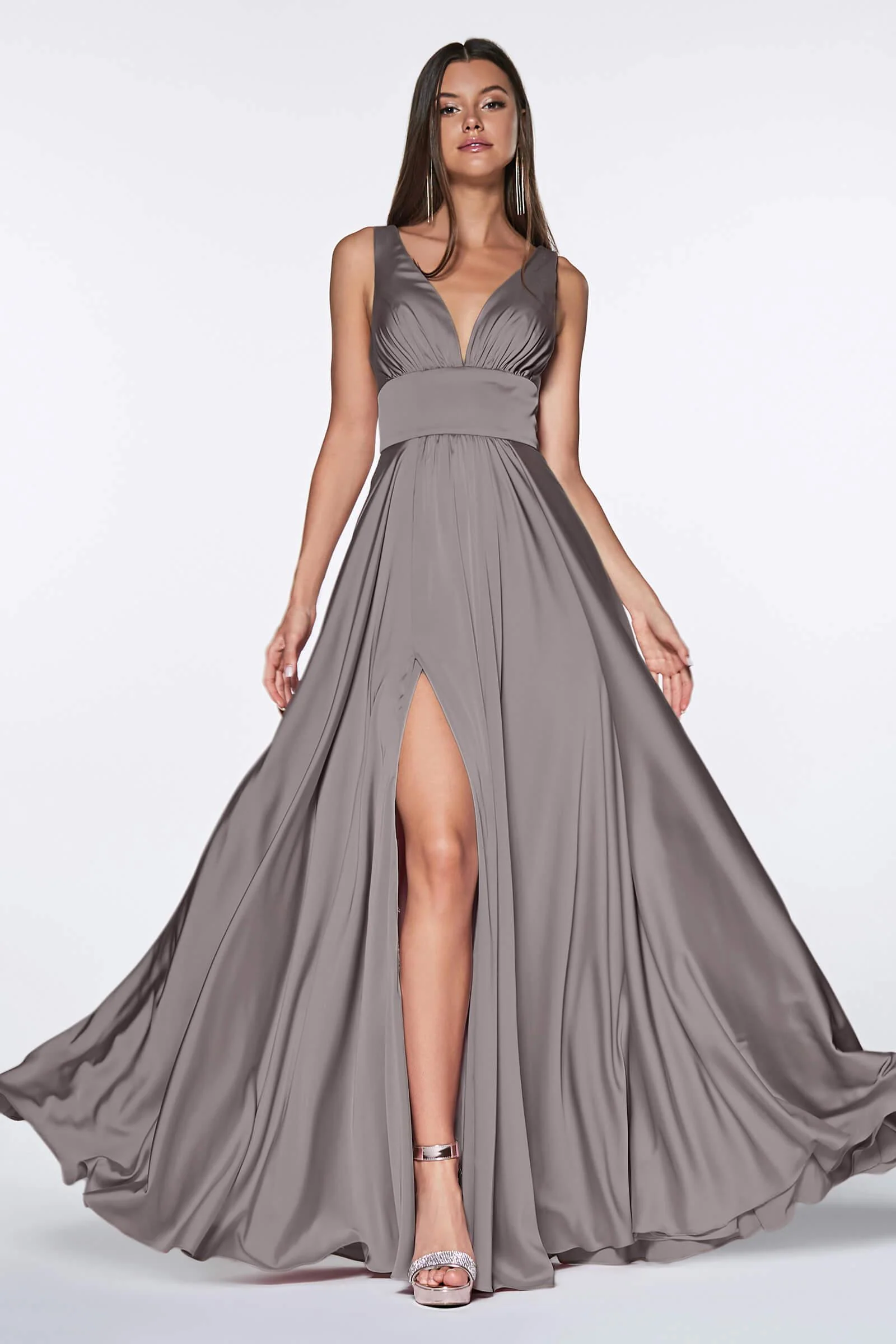 Cinderella Divine CD7469 Satin Prom Long High Slit Dress
