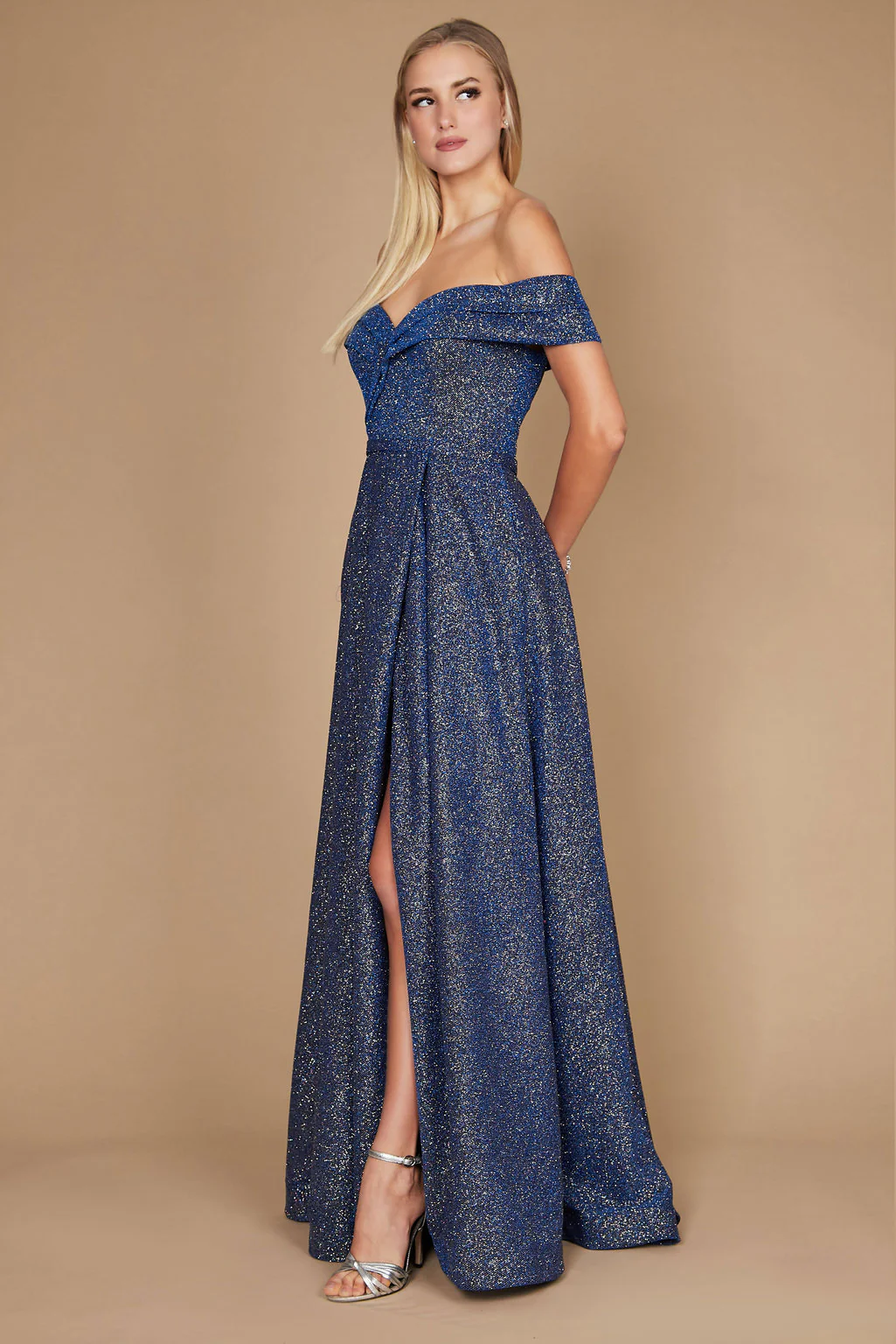 Dylan & Davids Long Off Shoulder Glitter Prom Dress