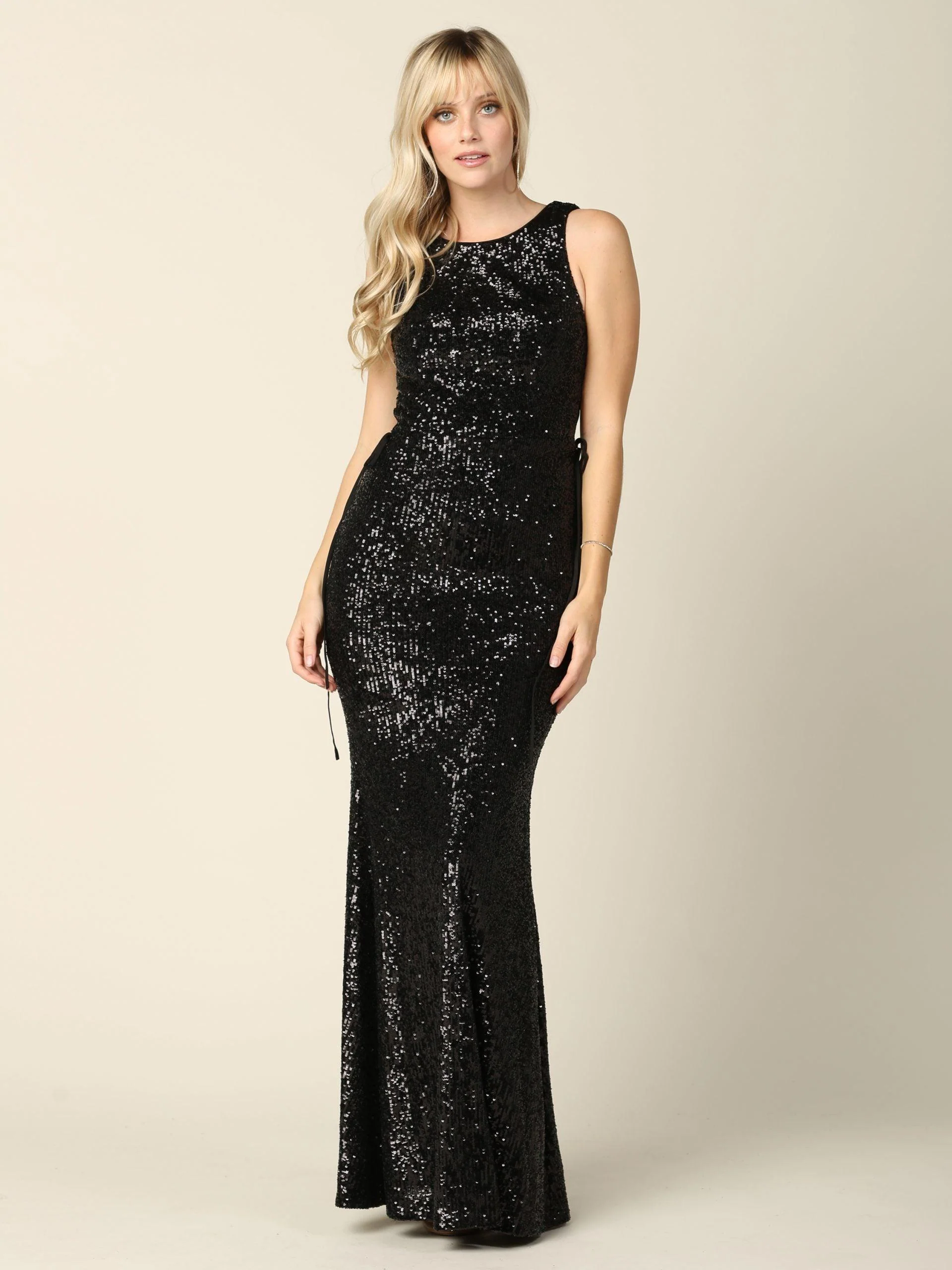Long Sleeveless Formal Fitted Sequins Dress