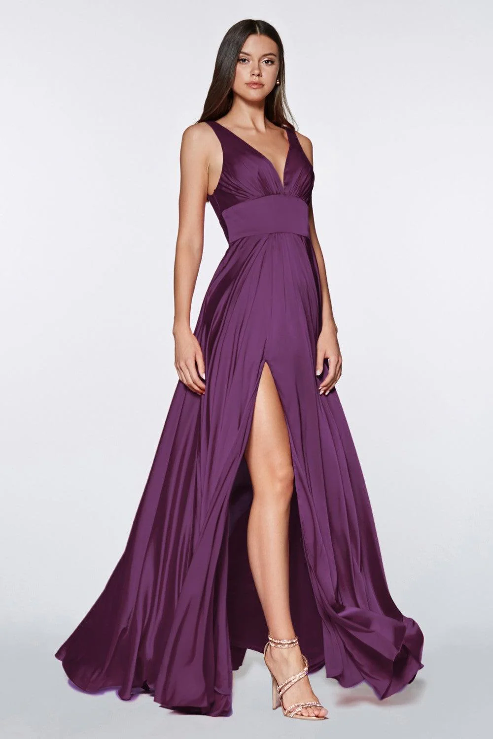 Cinderella Divine CD7469 Satin Prom Long High Slit Dress