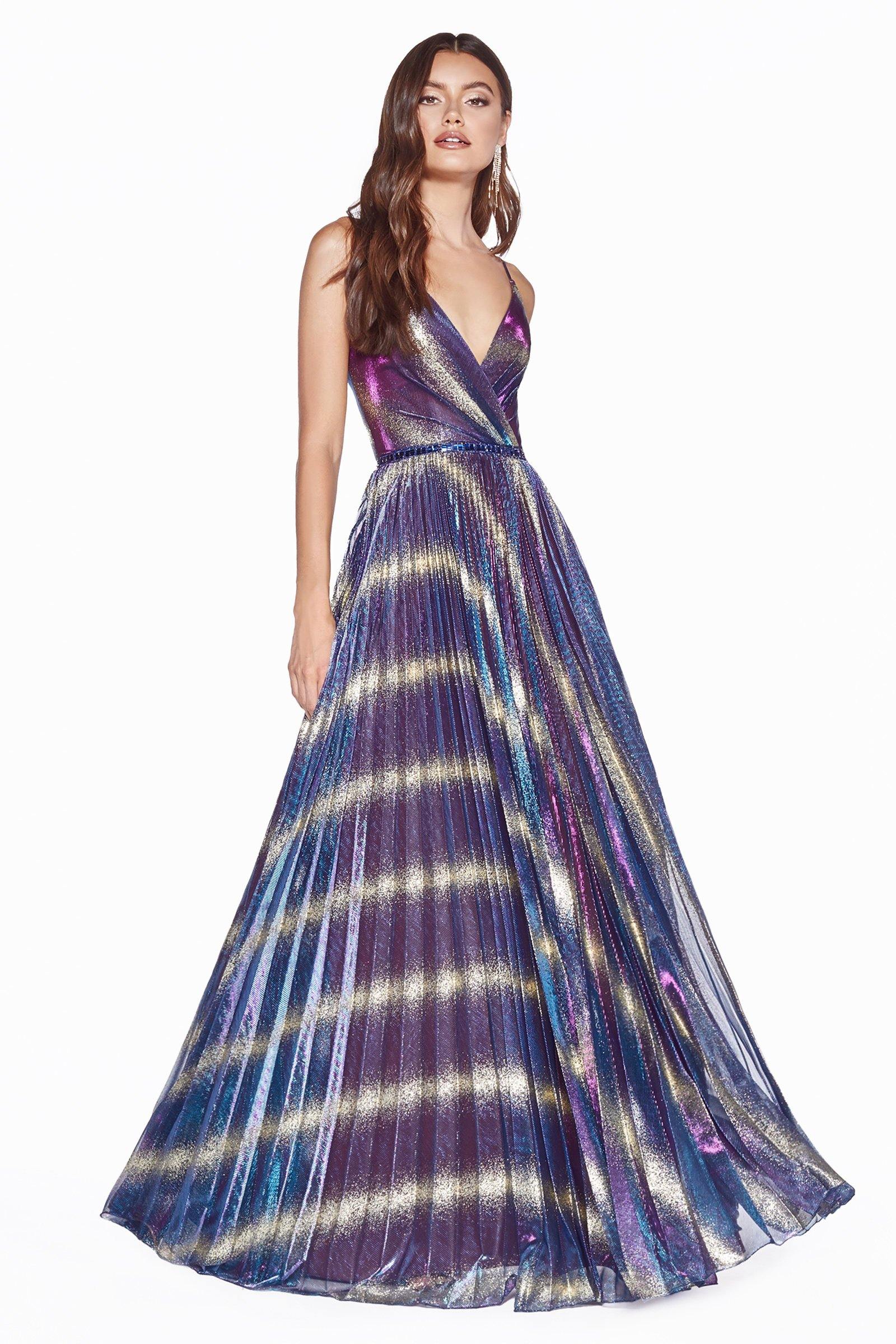 Cinderella Divine KC895 Prom Long Formal Pleated Metallic Print Dress