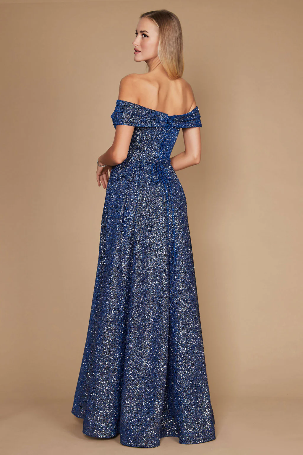 Dylan & Davids Long Off Shoulder Glitter Prom Dress