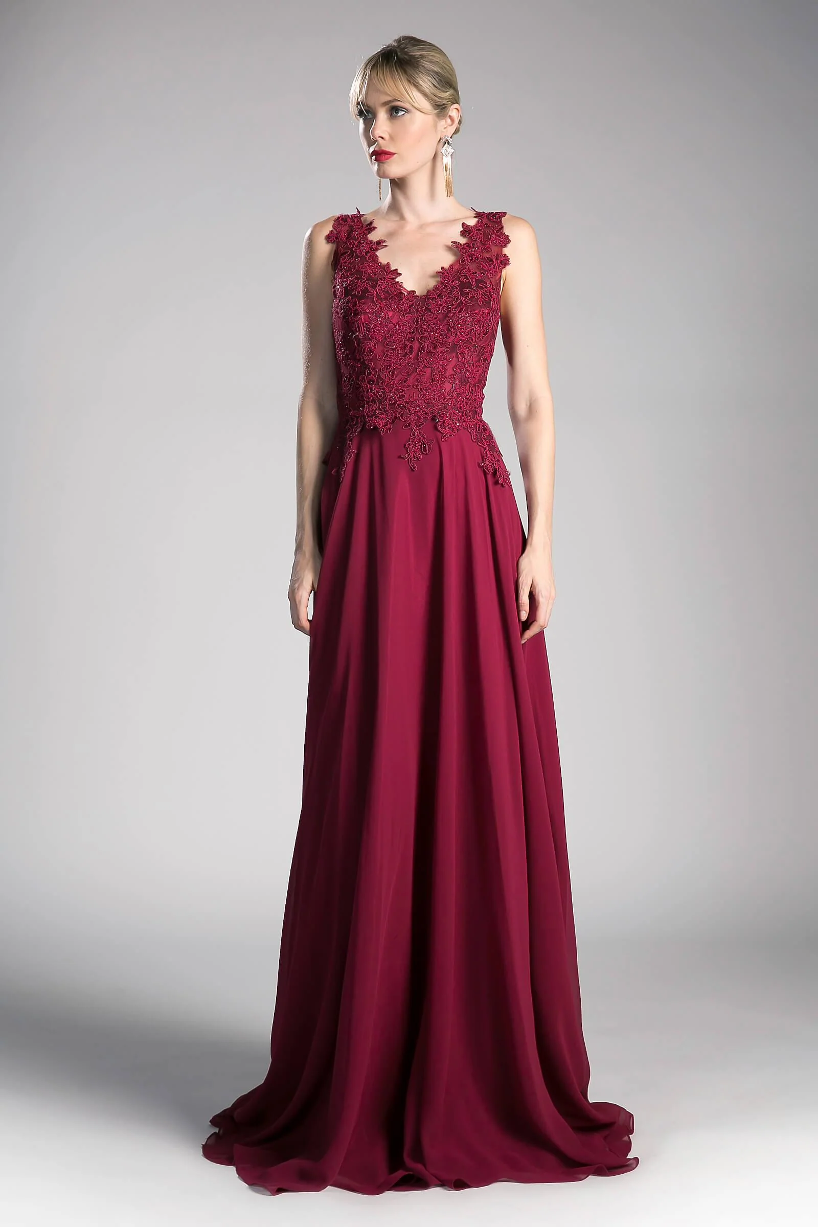 Cinderella Divine CD9177 Long Chiffon V-Neck Prom Sleeveless Formal Dress