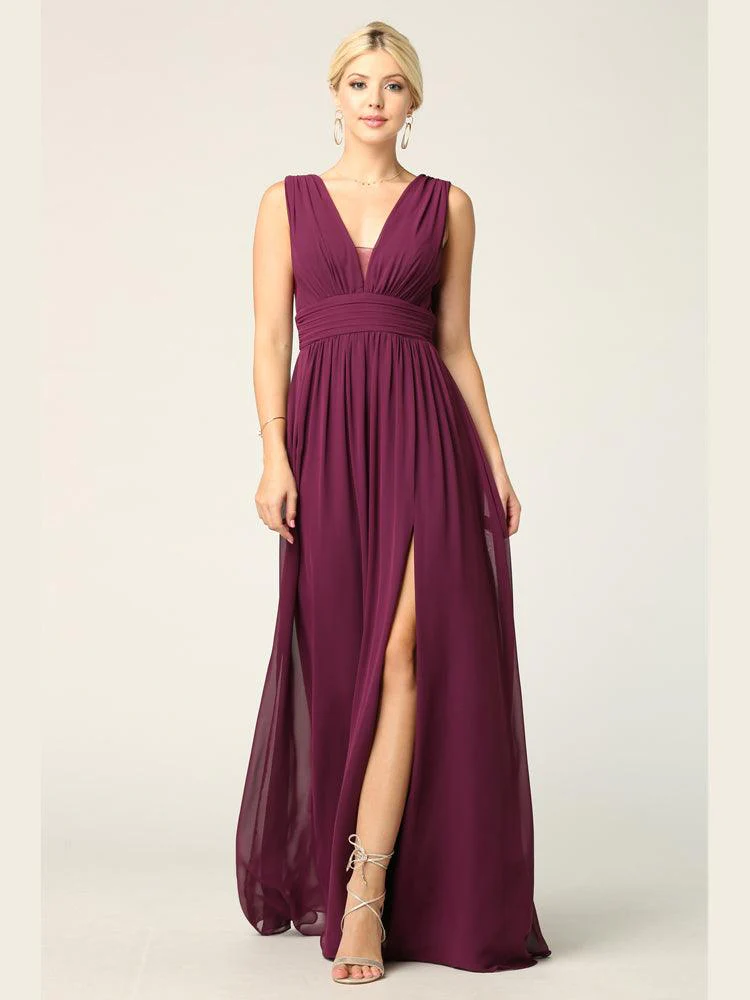 Long Sleeveless Formal Bridesmaids V Neck Dress