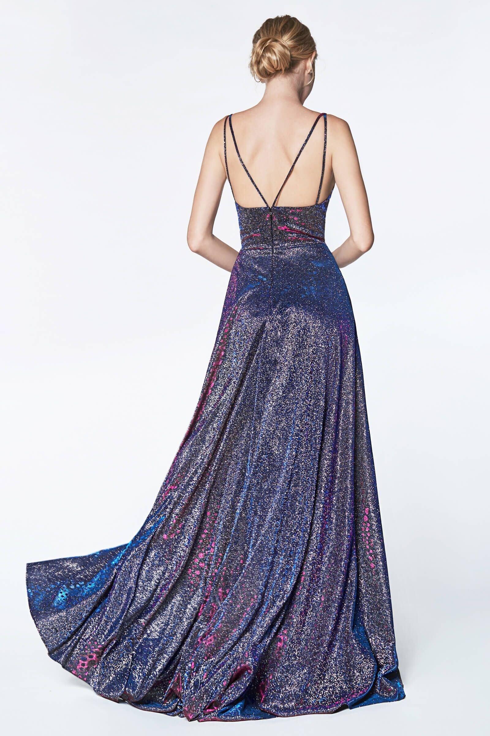 Cinderella Divine KC878 Long Formal Spaghetti Strap Deep V-Neck Glitter Prom Dress