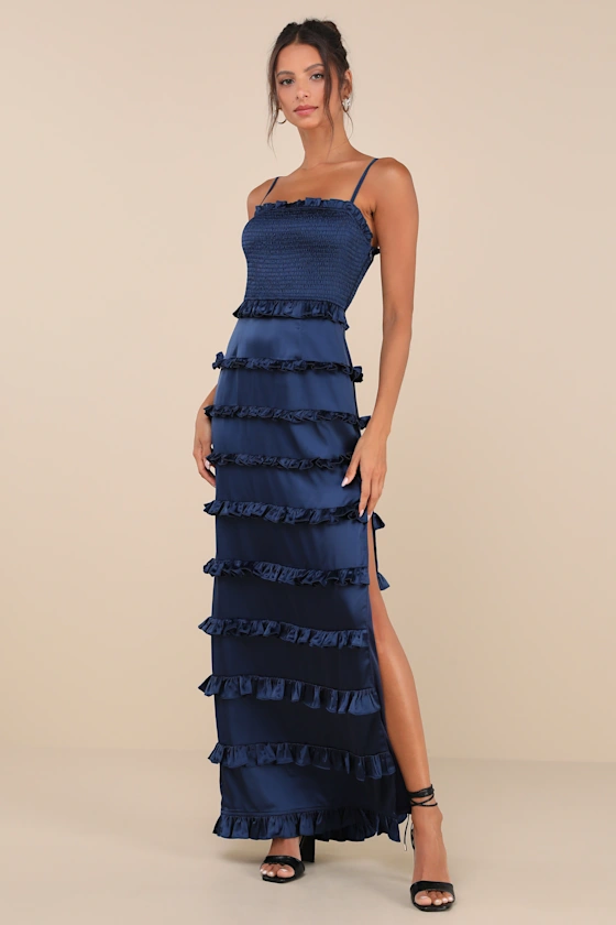 Sincerely Fabulous Navy Blue Satin Smocked Ruffled Maxi DressSincerely ...