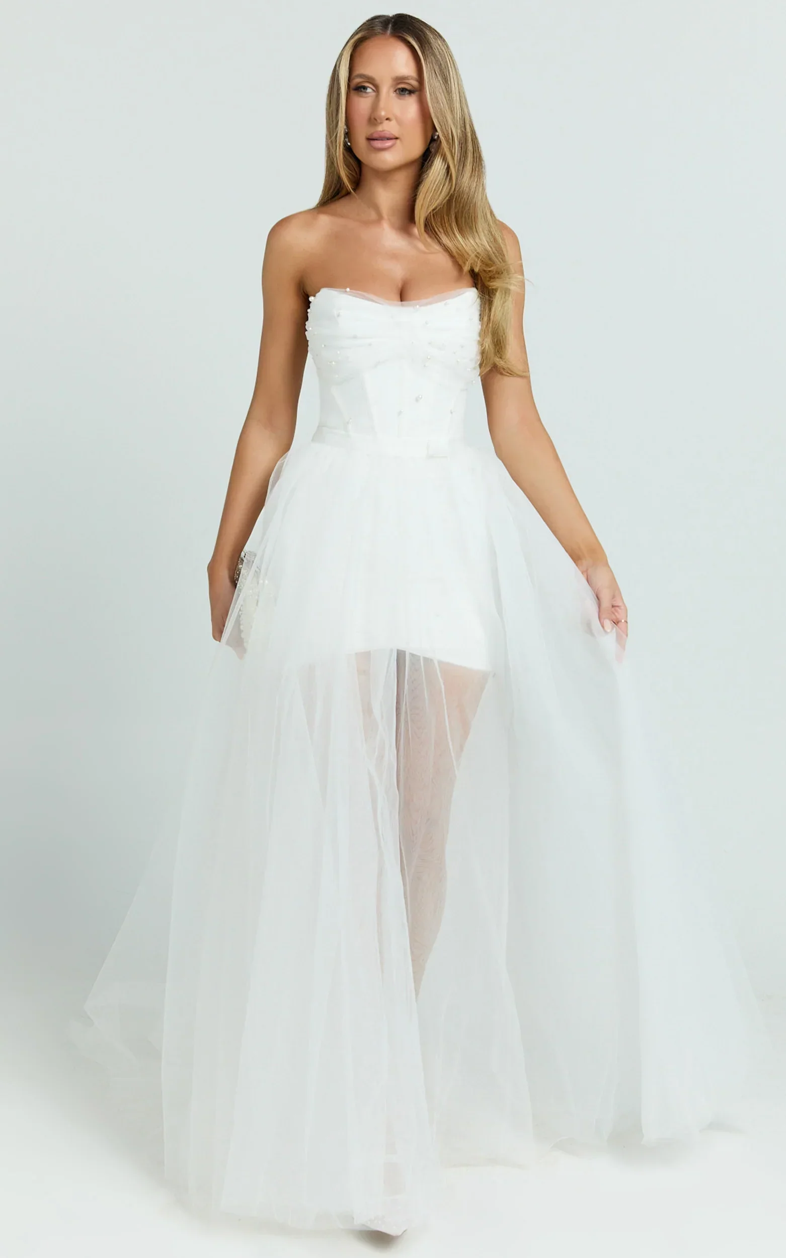 Kelsey Mini Dress Beaded Strapless Corset Panel Dress with Detachable Tulle Skirt in White