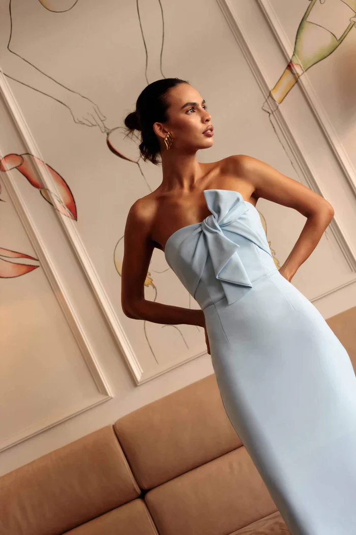 Ami Strapless Midi Dress in Blue