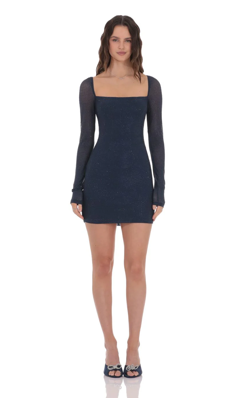 Rhinestone Long Sleeve Dress in Navy