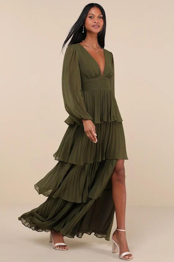 Graceful Finesse Olive Green Pleated Long Sleeve Maxi Dress