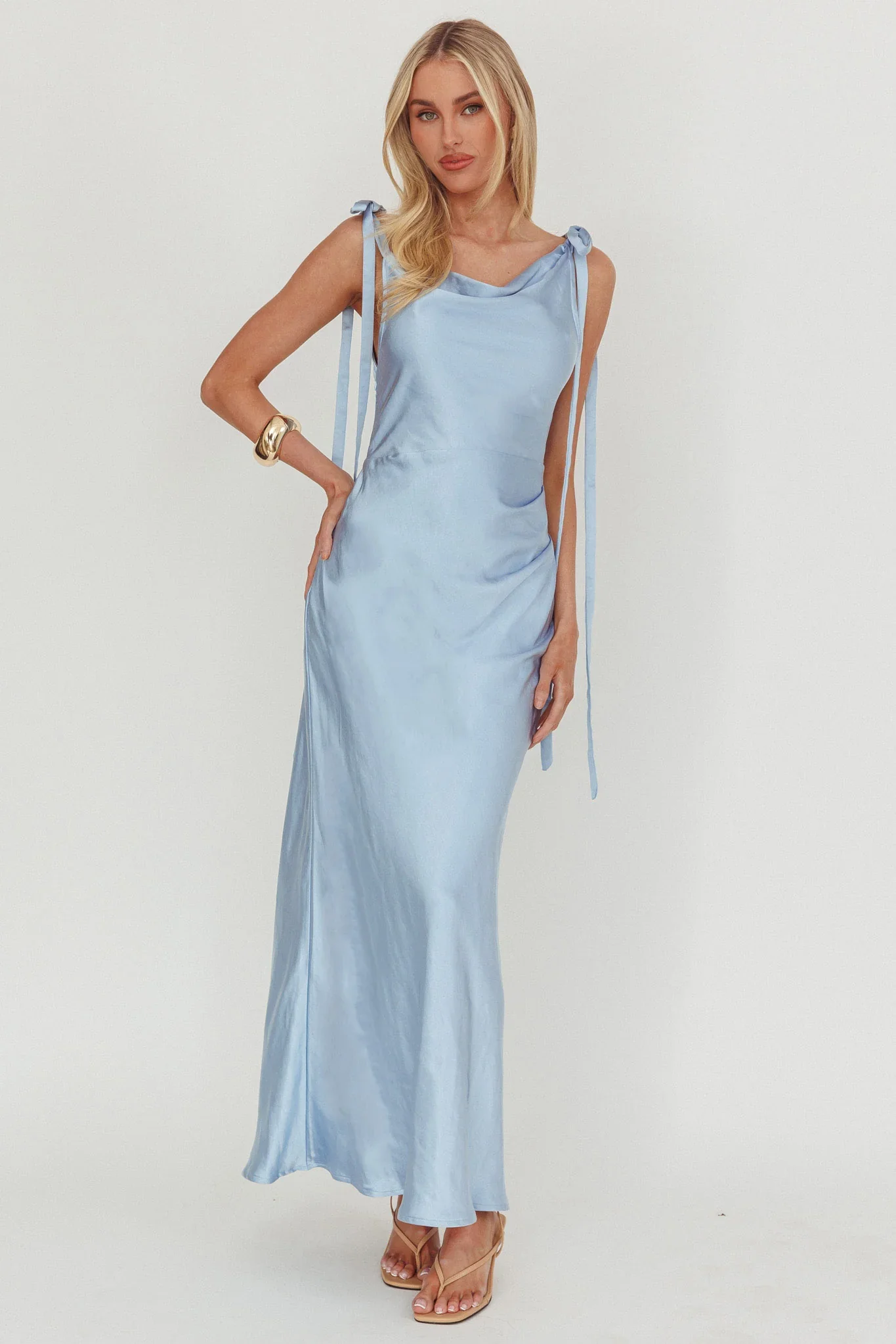 Glory Day Tied Shoulder Cowl Maxi Dress Ice Blue