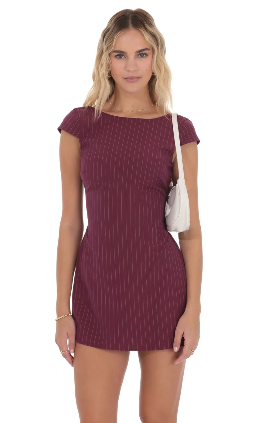 Pinstripe Back Bow Dress in Wine