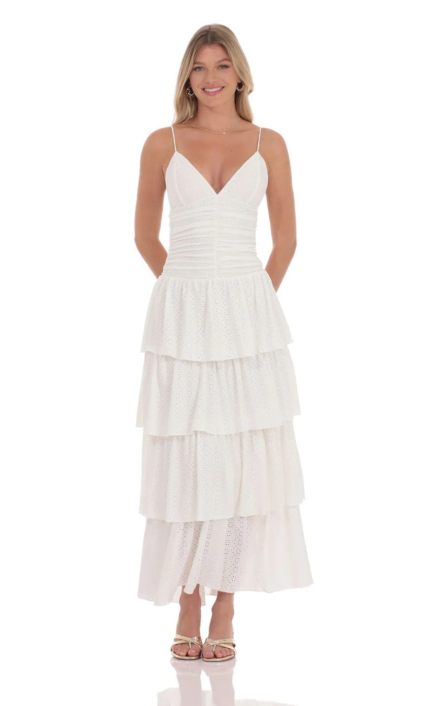 Ruched Ruffle Eyelet Maxi Dress in White
