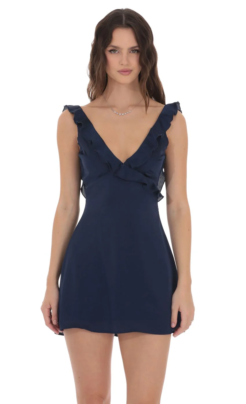 Satin Ruffle V-Neck Dress in Navy