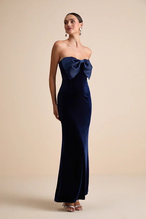 Dramatic Stunner Navy Velvet Bow Strapless Maxi Dress