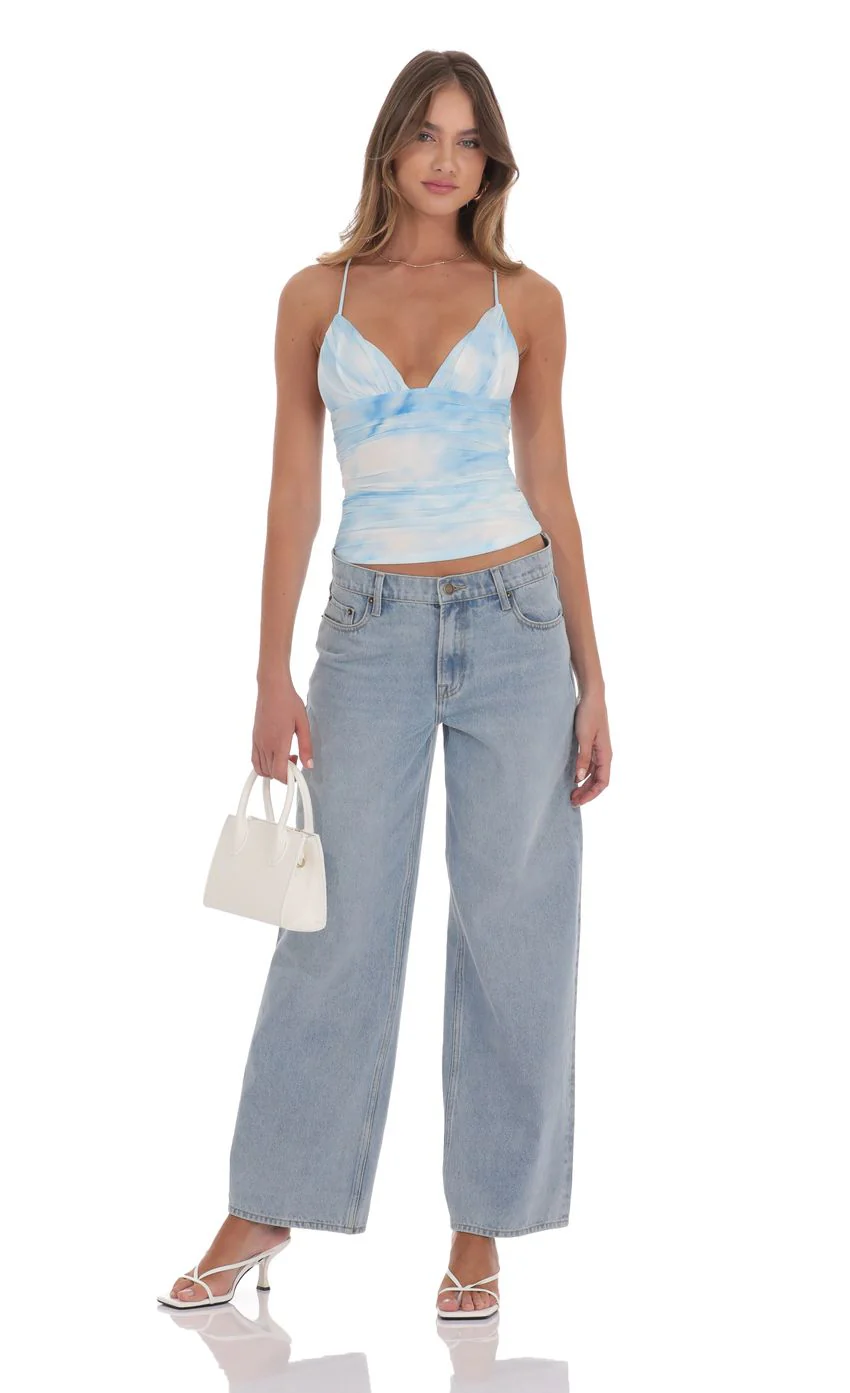 Swirl Mesh V-Neck Top in Blue