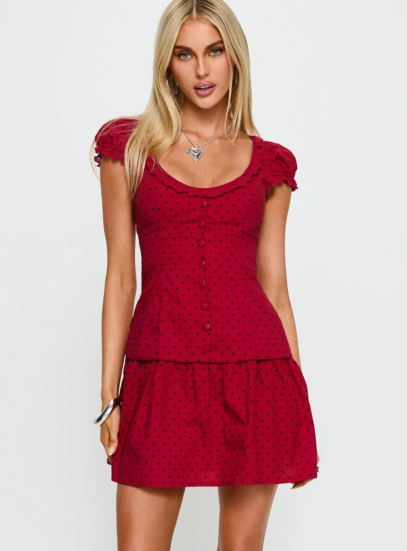 Ottillie Lace Trim Button Down Mini Dress Red Polka Dot