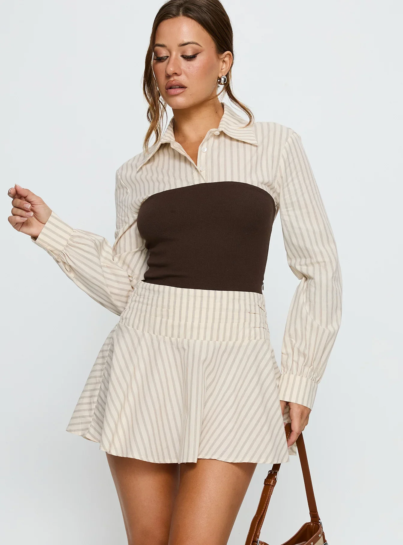Belva Long Sleeve Corset Shirt Mini Dress Brown Stripe