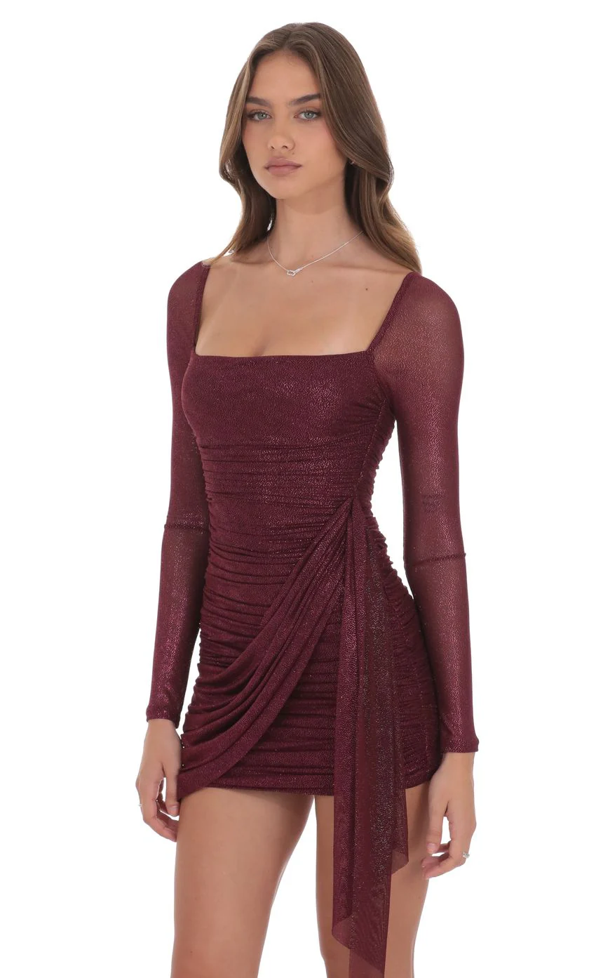 Foil Mesh Long Sleeve Tassel Dress in Burgundy