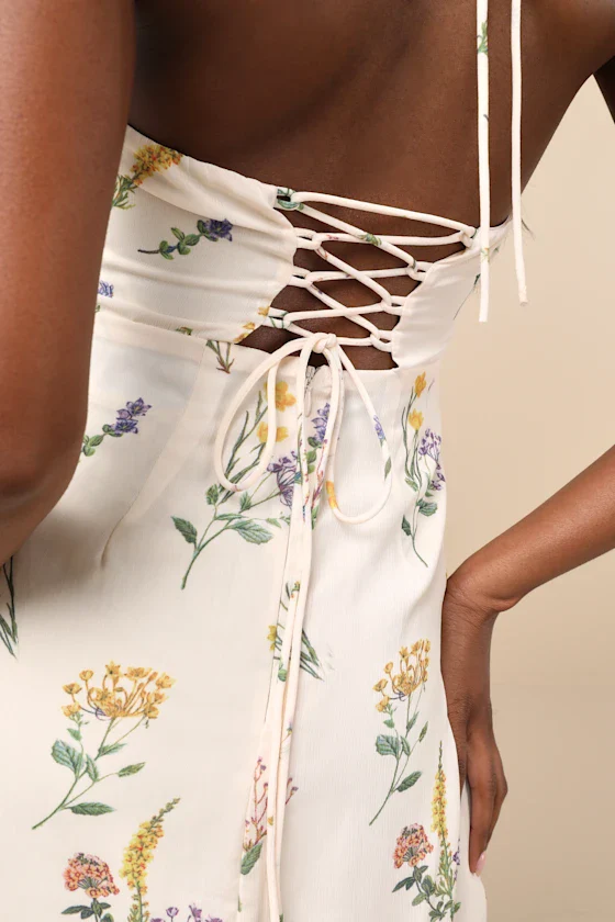 Catch the Bouquet Cream Floral Halter Lace-Up Mini Dress