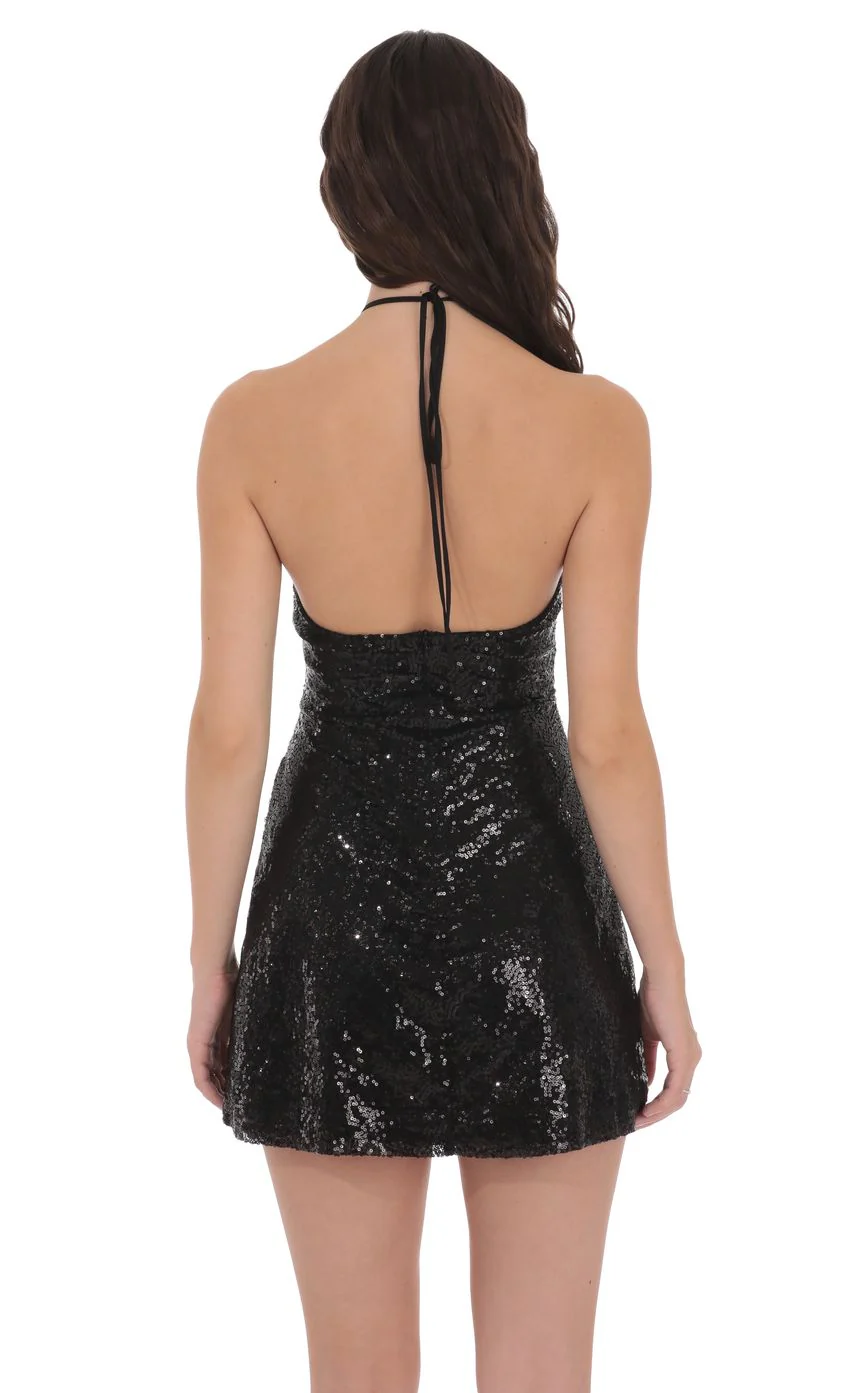Sequin Florette Halter Dress in Black