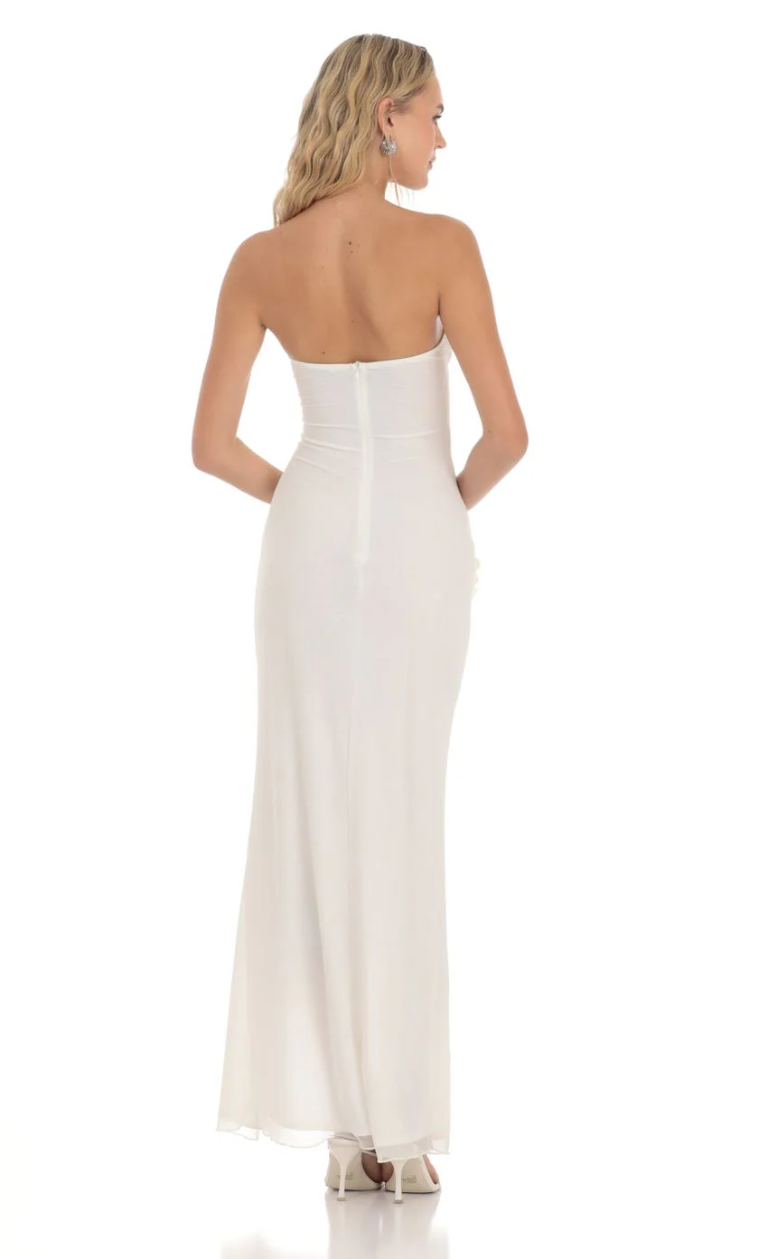 Mesh Cutout Ruffle Maxi Dress in White