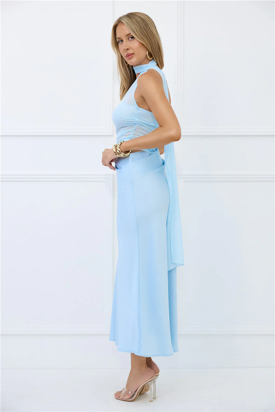 Sapphire Diva Halter Mesh Satin Maxi Dress Blue