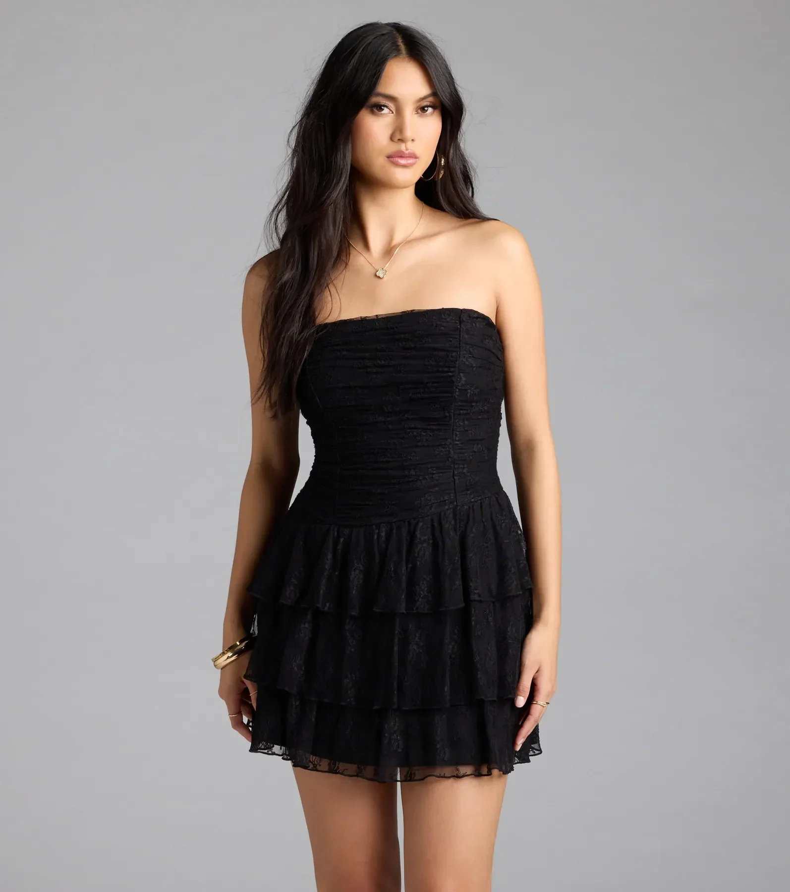 Lovely Nights Strapless Lace Ruffle Skater Dress