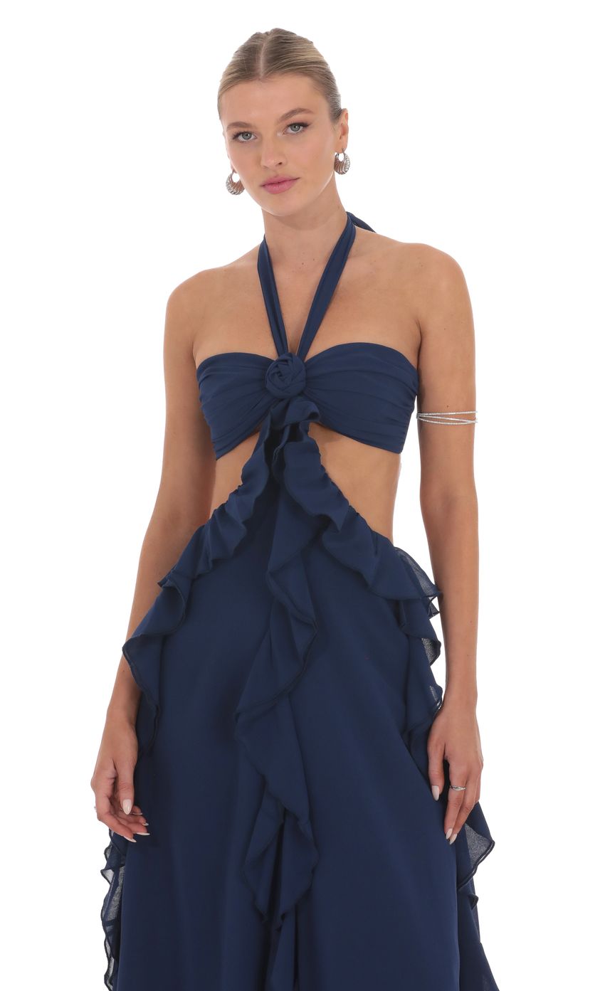 Chiffon Cutout Ruffle Maxi Dress in Navy