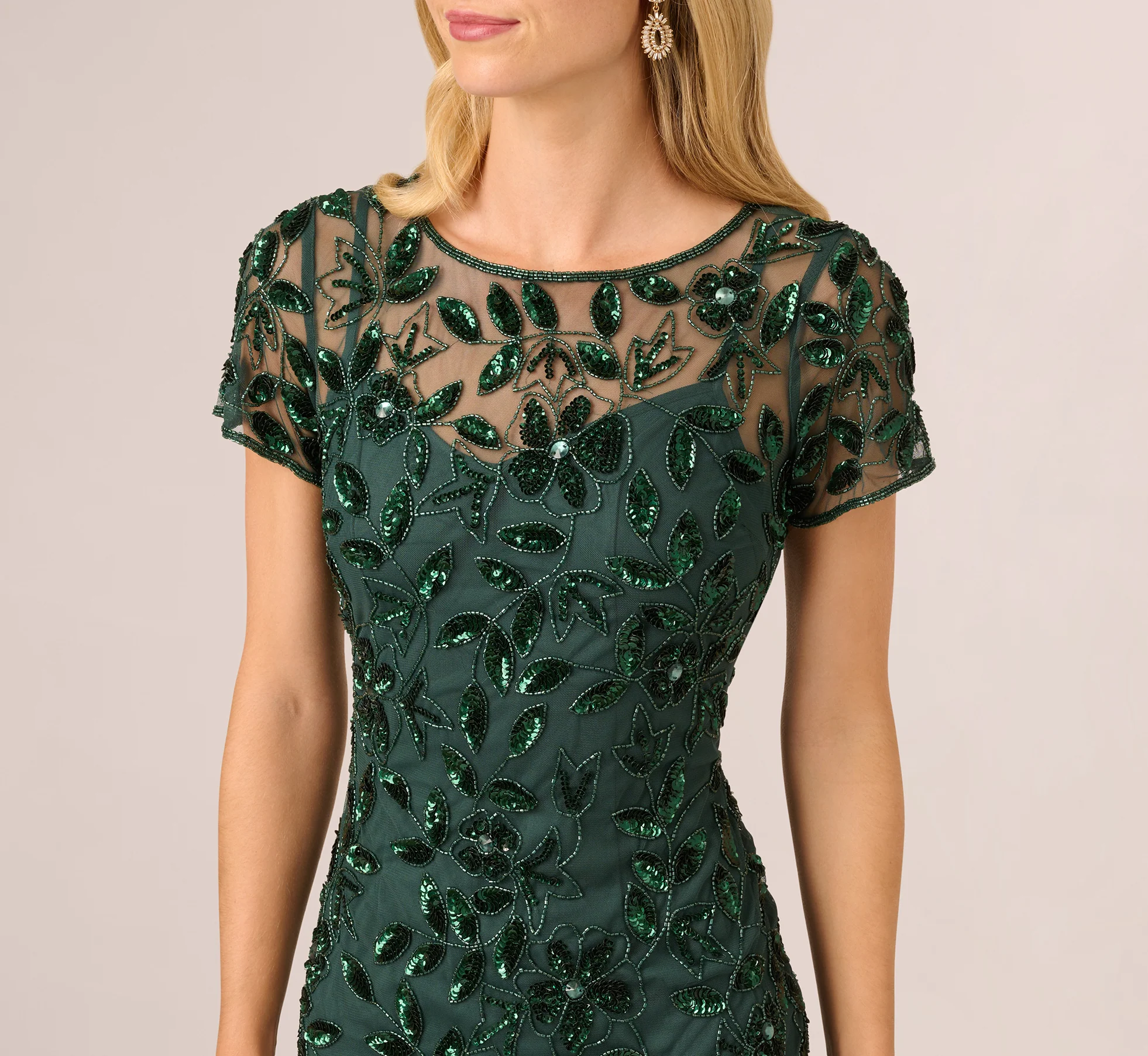 Hand Beaded Short Sleeve Floral Godet Gown In Dusty Emerald
