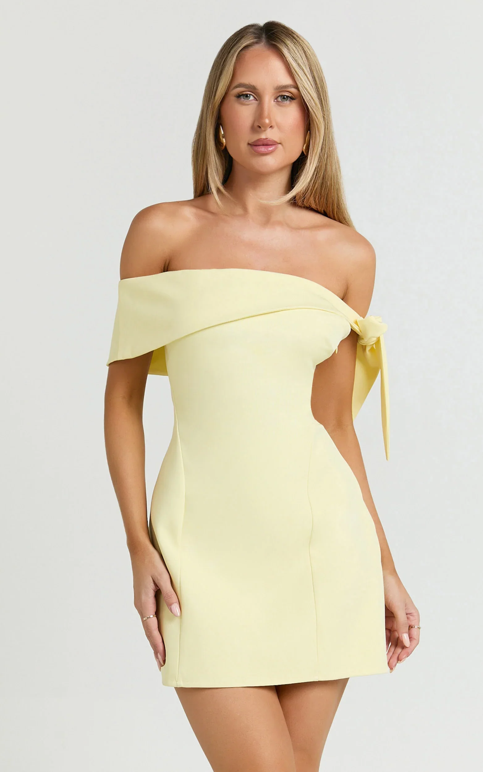Cecilia Mini Dress Off Shoulder Tie Detail Dress in Lemon