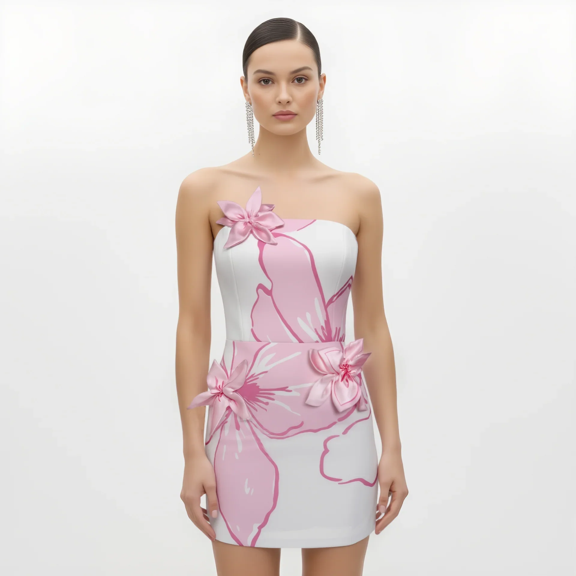 Mini Dress with Pink Floral Appliqués - White/Pink