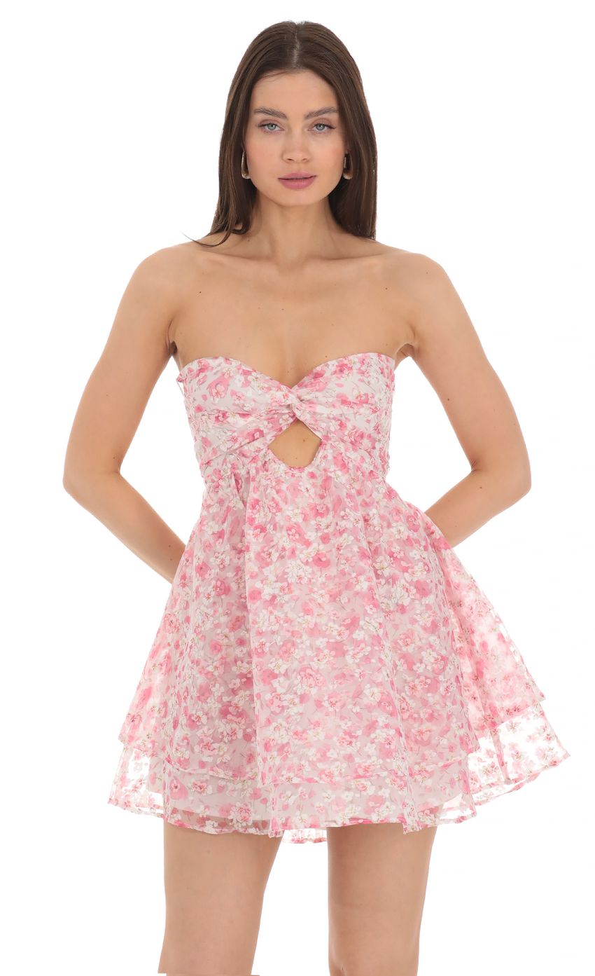 Floral Shimmer Cutout Babydoll Dress in Pink