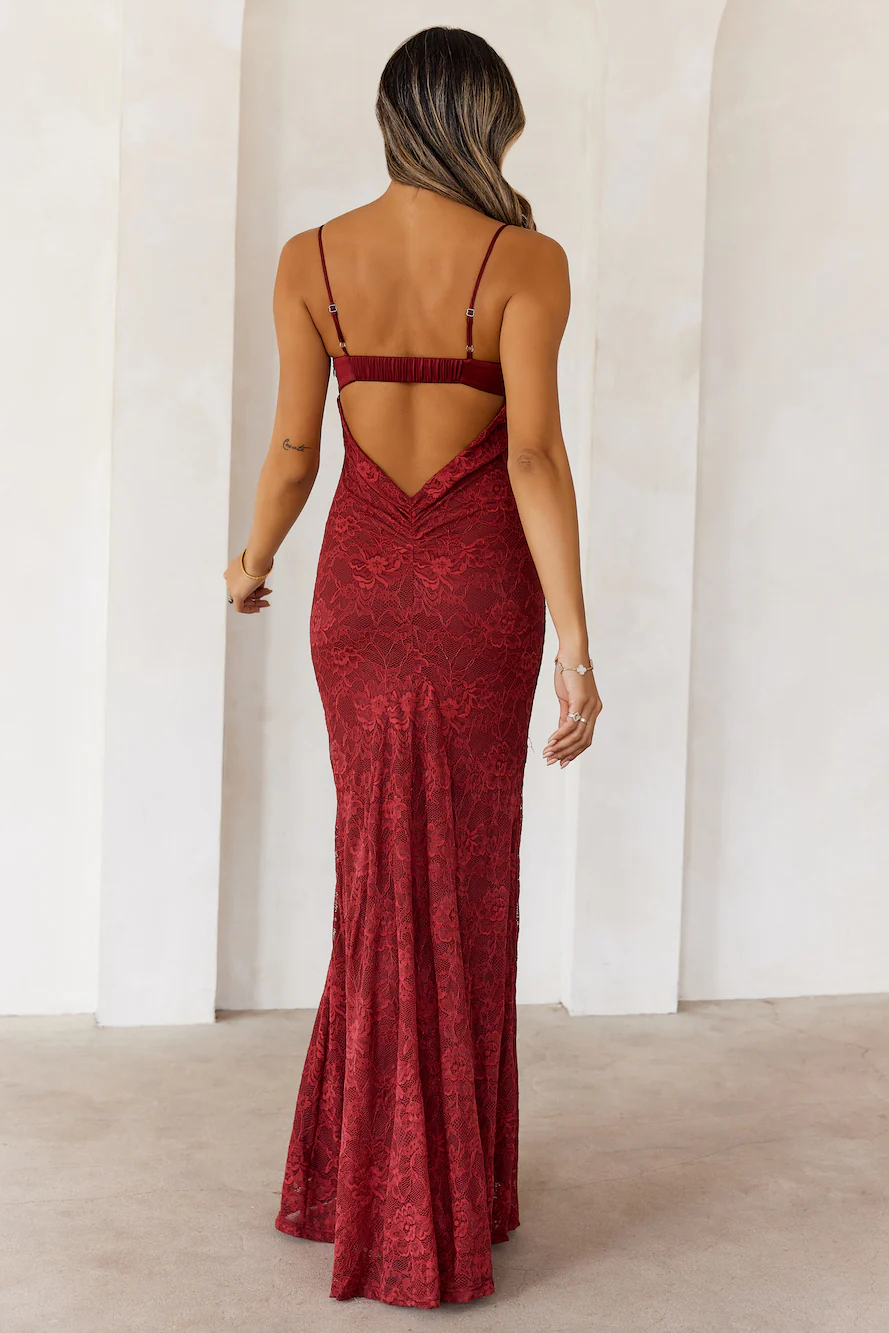 Chasing Midnight Lace Maxi Dress Wine