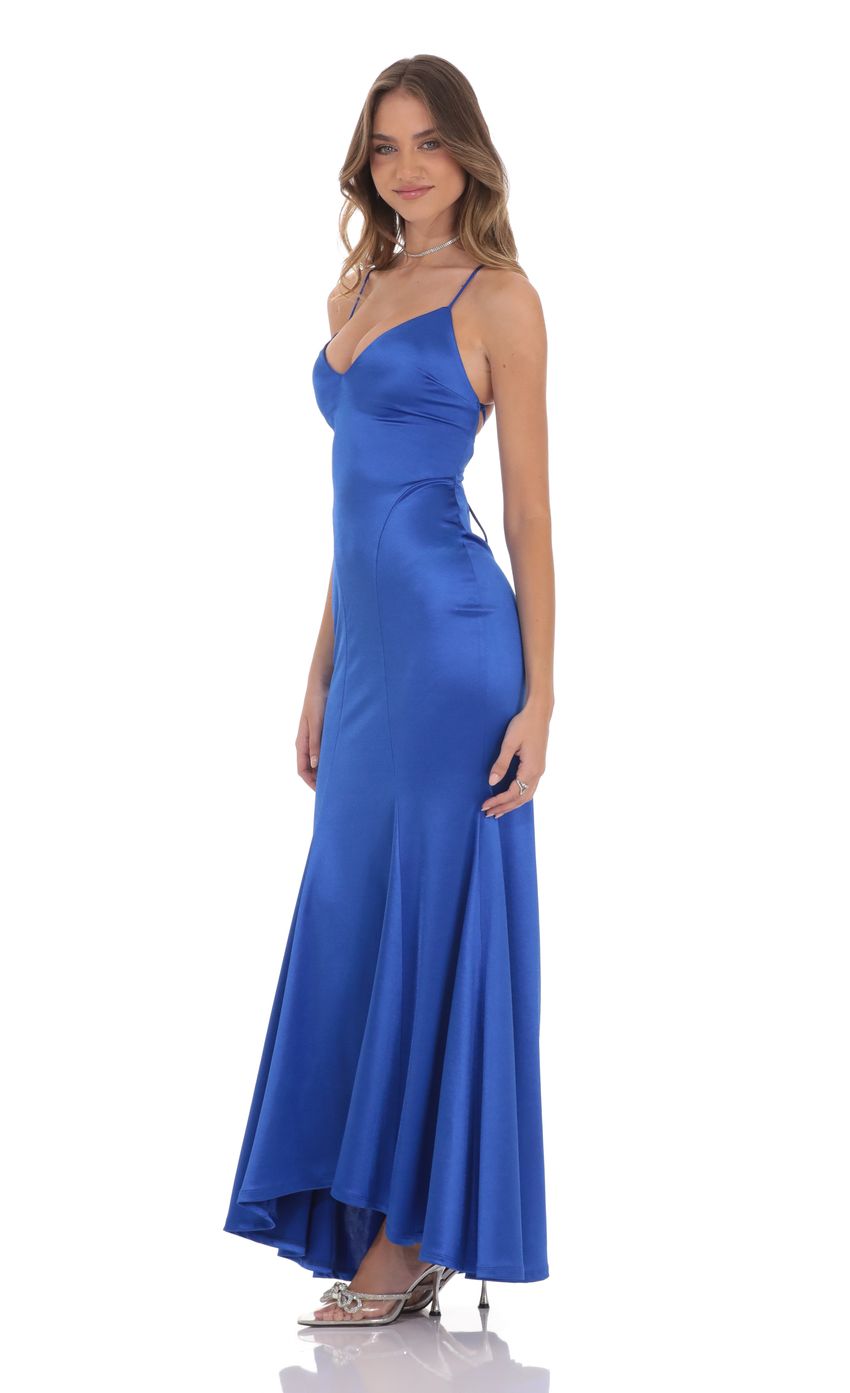 Satin Open Back Mermaid Maxi Dress in Blue