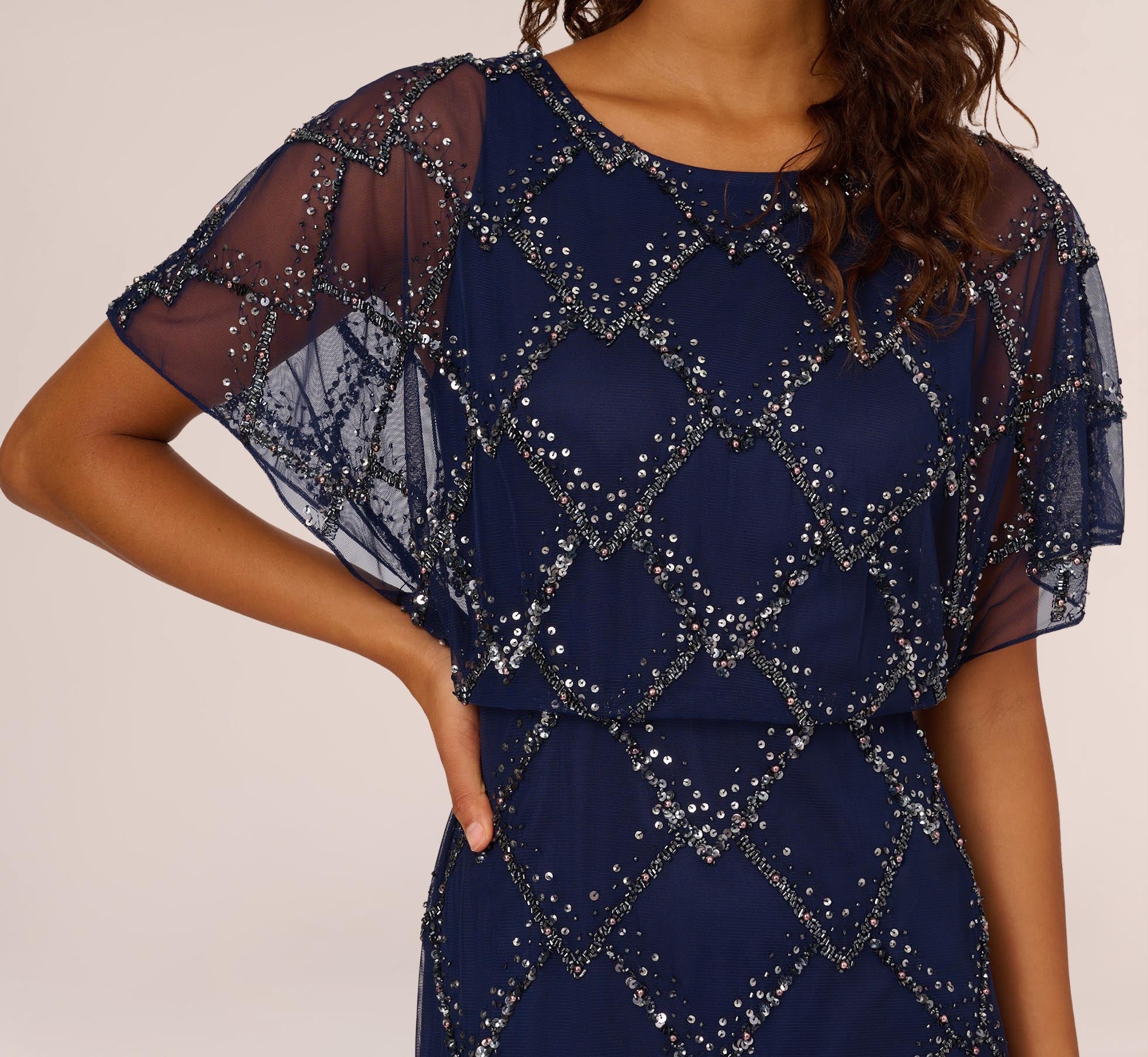 Hand-Beaded Blouson Long Gown With Flutter Sleeves In Light Navy