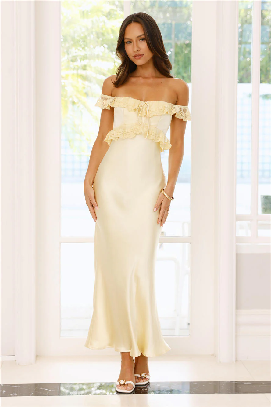 Waltzing In Romance Satin Maxi Dress Yellow