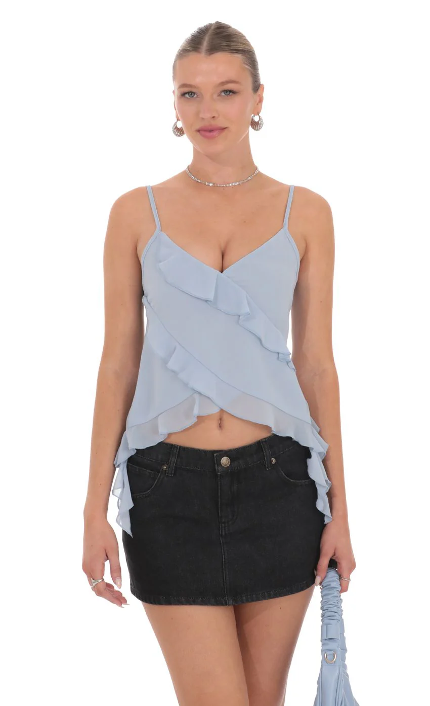 Ruffle Tassel Top in Sky Blue