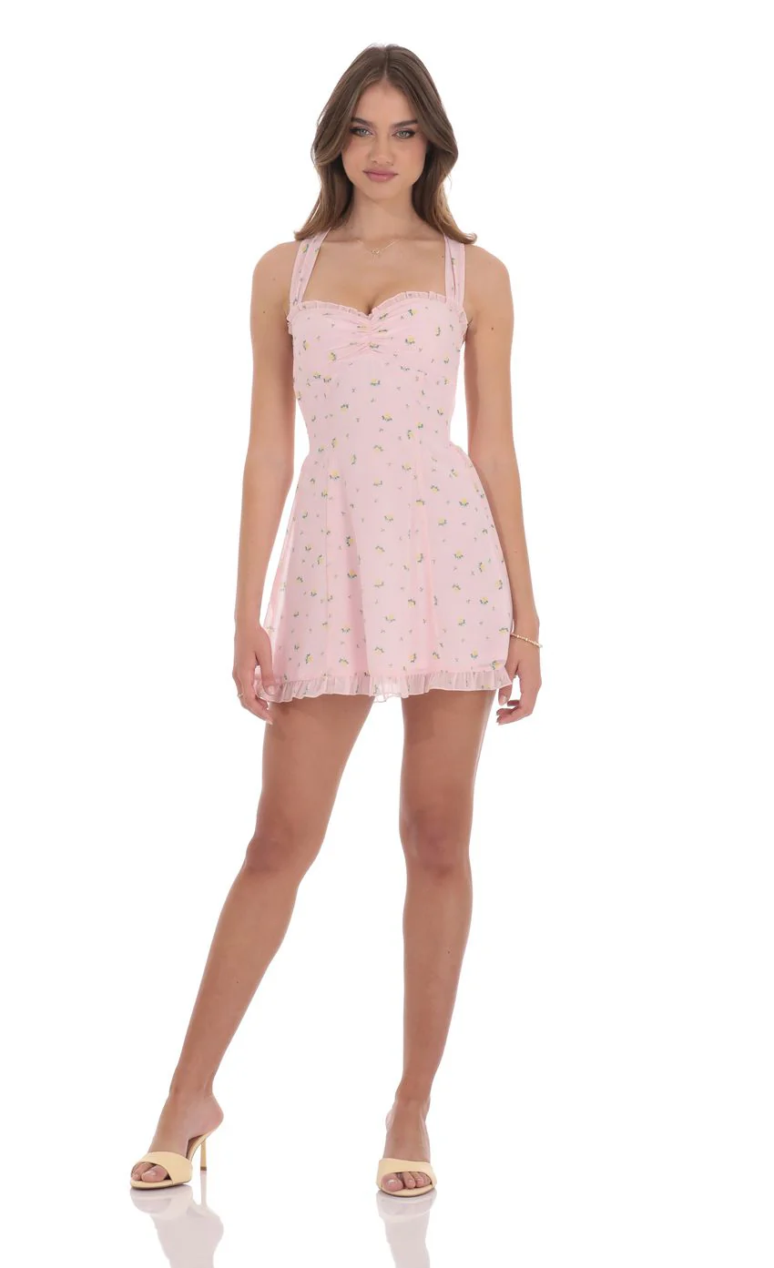Floral Strappy Back Bows Dress in Pink