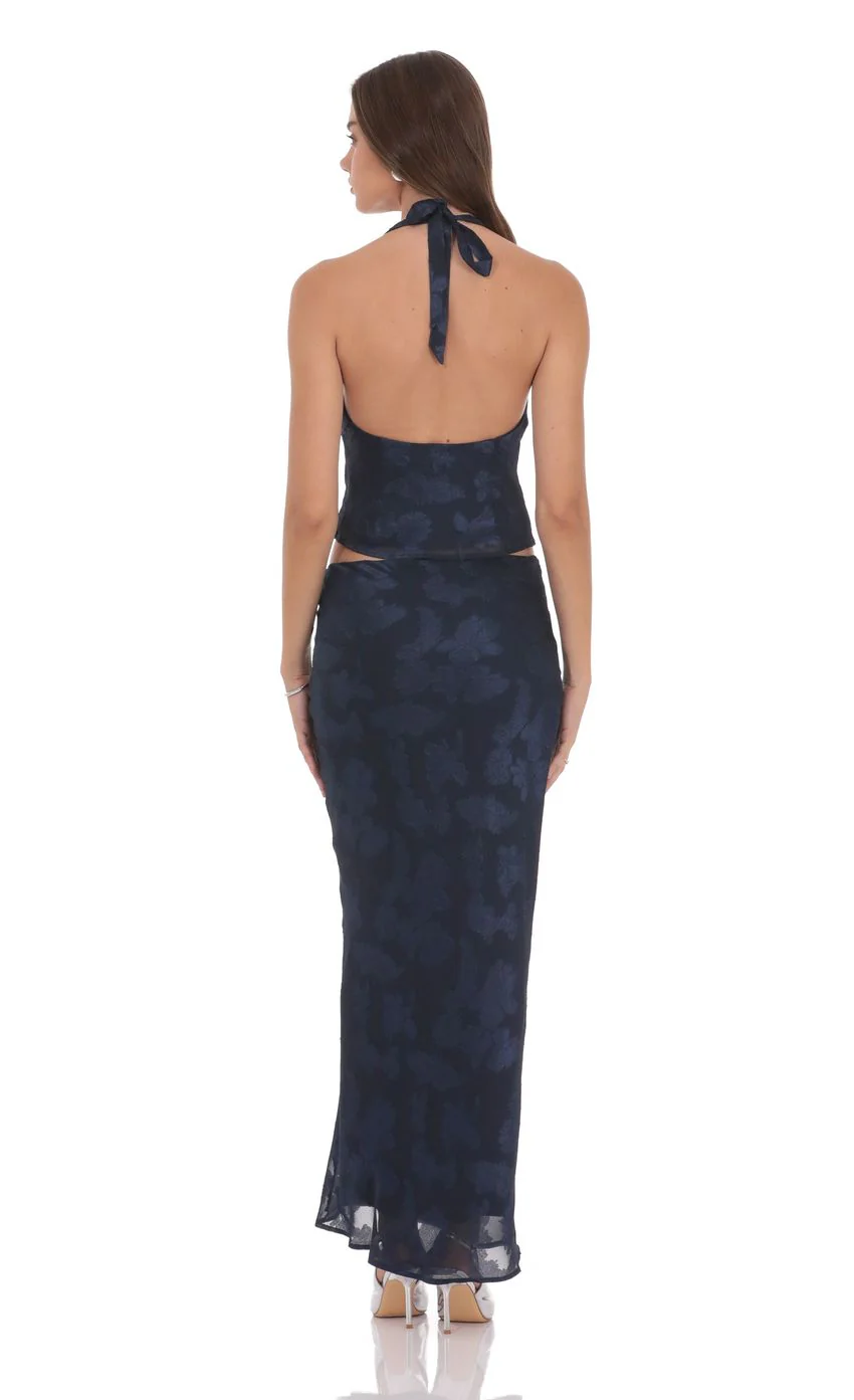 Burnout Floral Maxi Skirt in Navy
