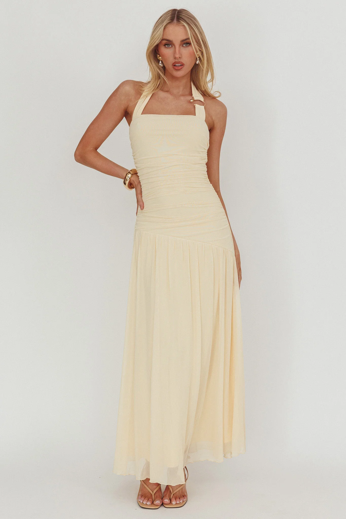 Azure Sun Halterneck Drop Waist Maxi Dress Yellow