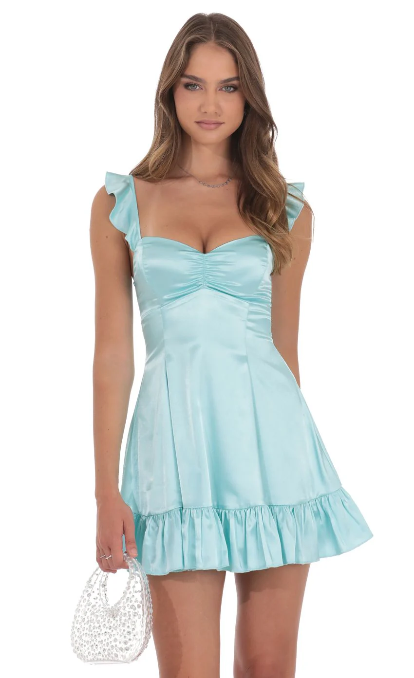Satin Ruffle Fit and Flare Dress in Turquoise