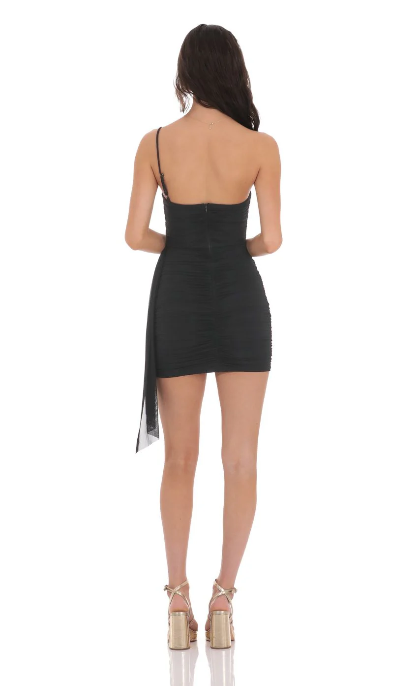Mesh One Shoulder Tassel Dress in Black